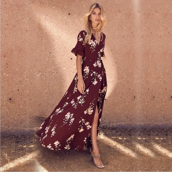 Lulus Dresses Nwt Lulus September Sunsets Burgundy Floral Wrap